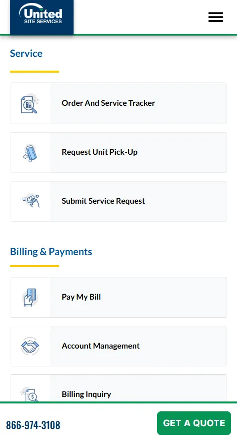 United Site Services customer support page on mobile