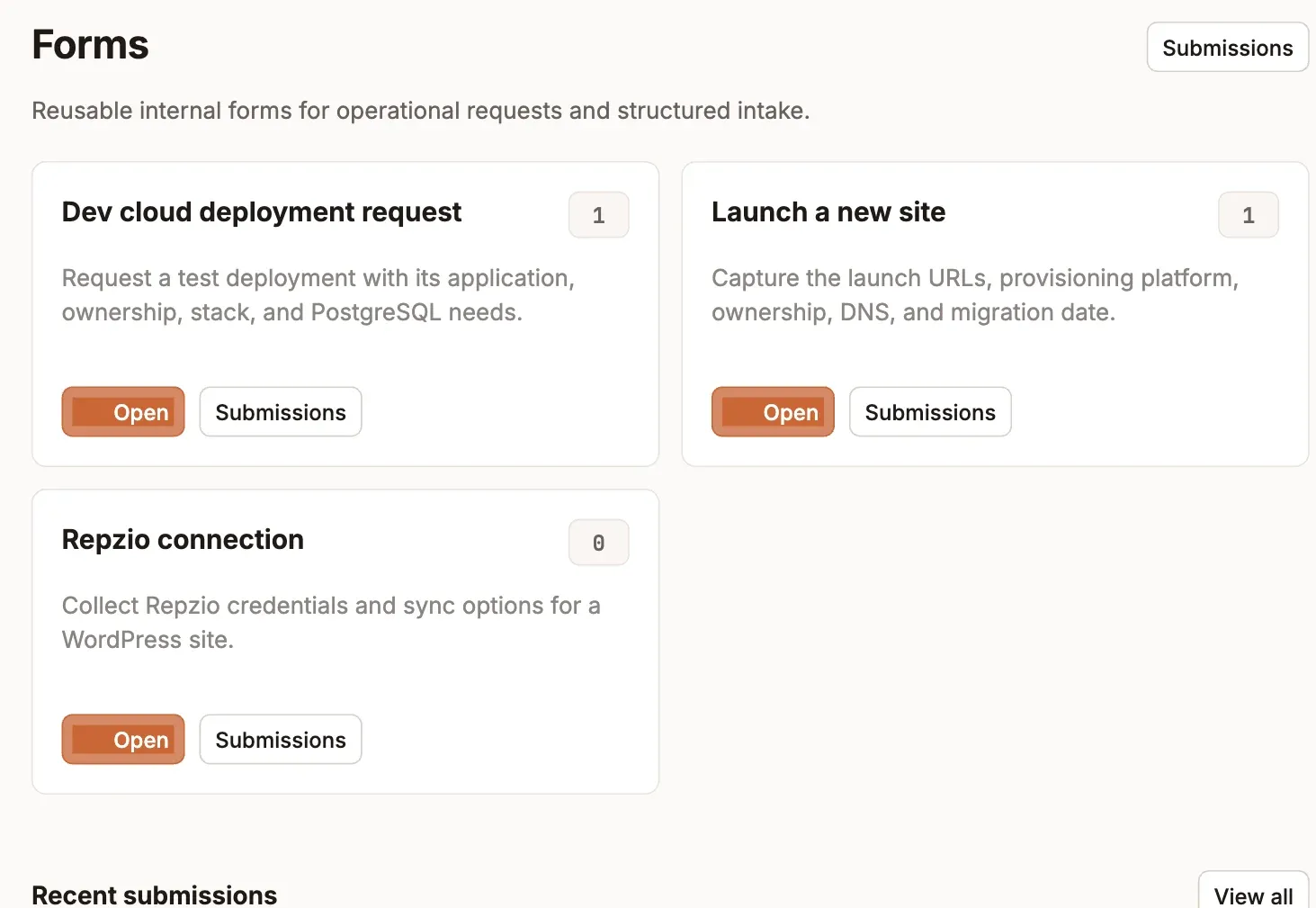 TIP custom forms for structured requests such as launching a new site