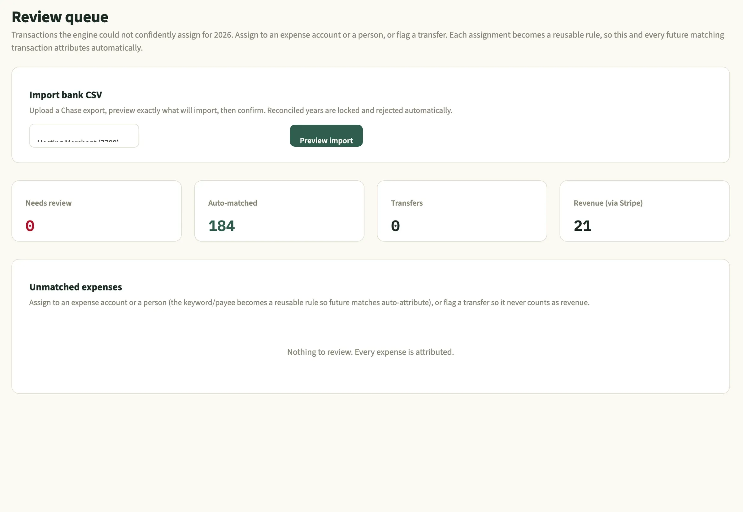 Helm review queue with bank CSV import and auto-matched transaction counts