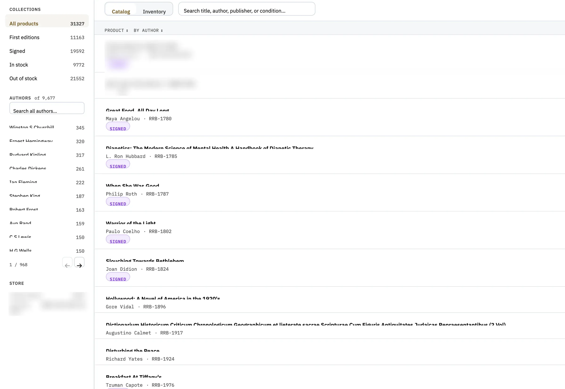 Bright Commerce product catalog with collections, authors and search