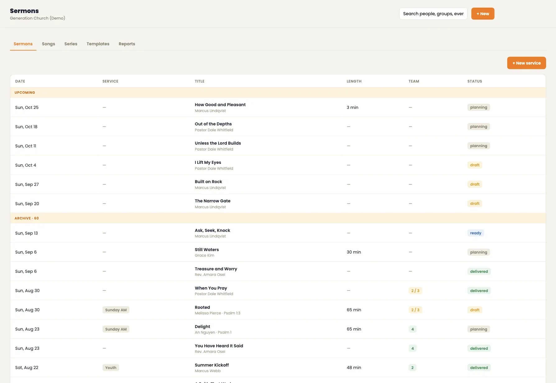Shepard sermons list with upcoming services and their status