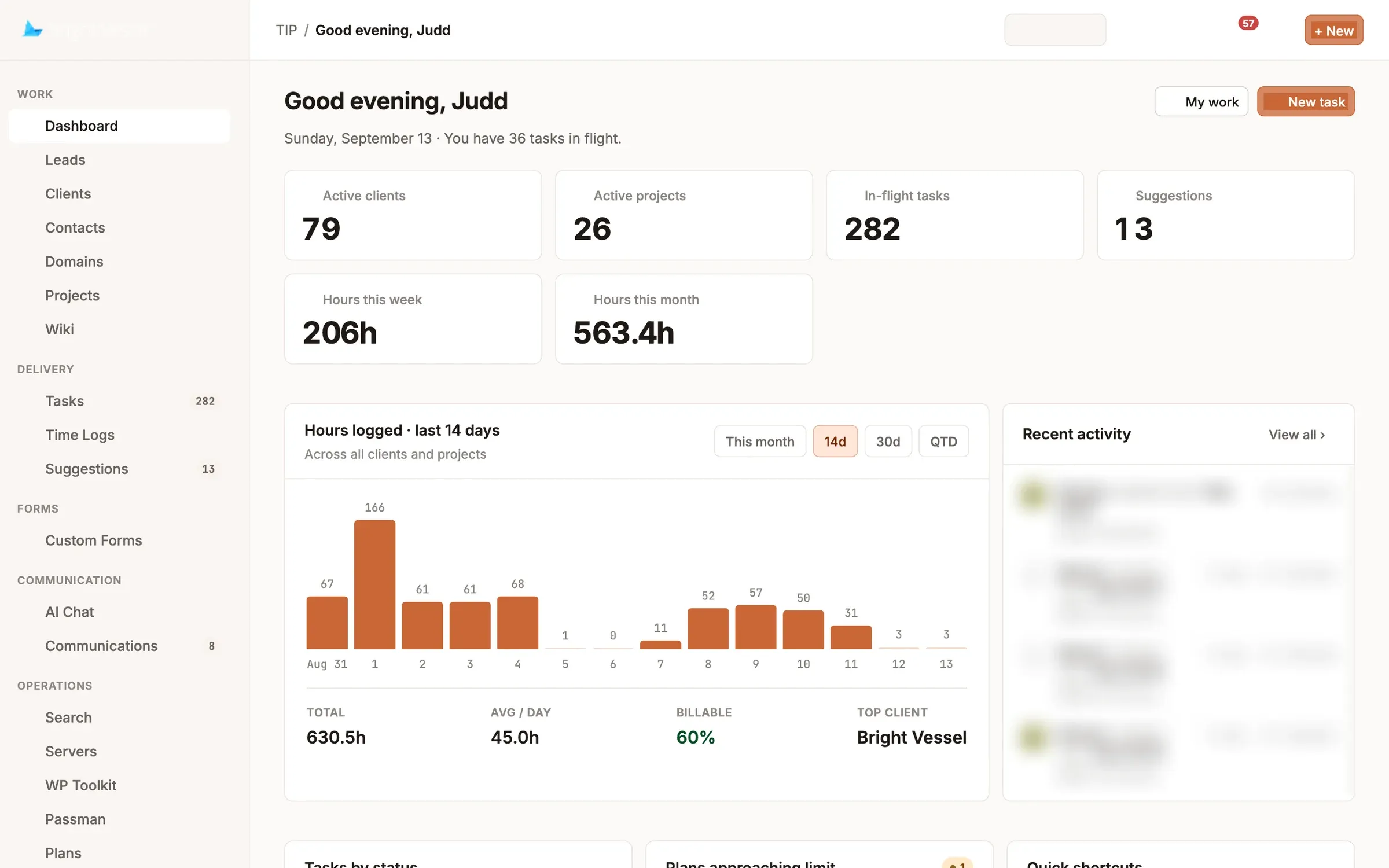 TIP dashboard with active clients, tasks in flight and hours logged
