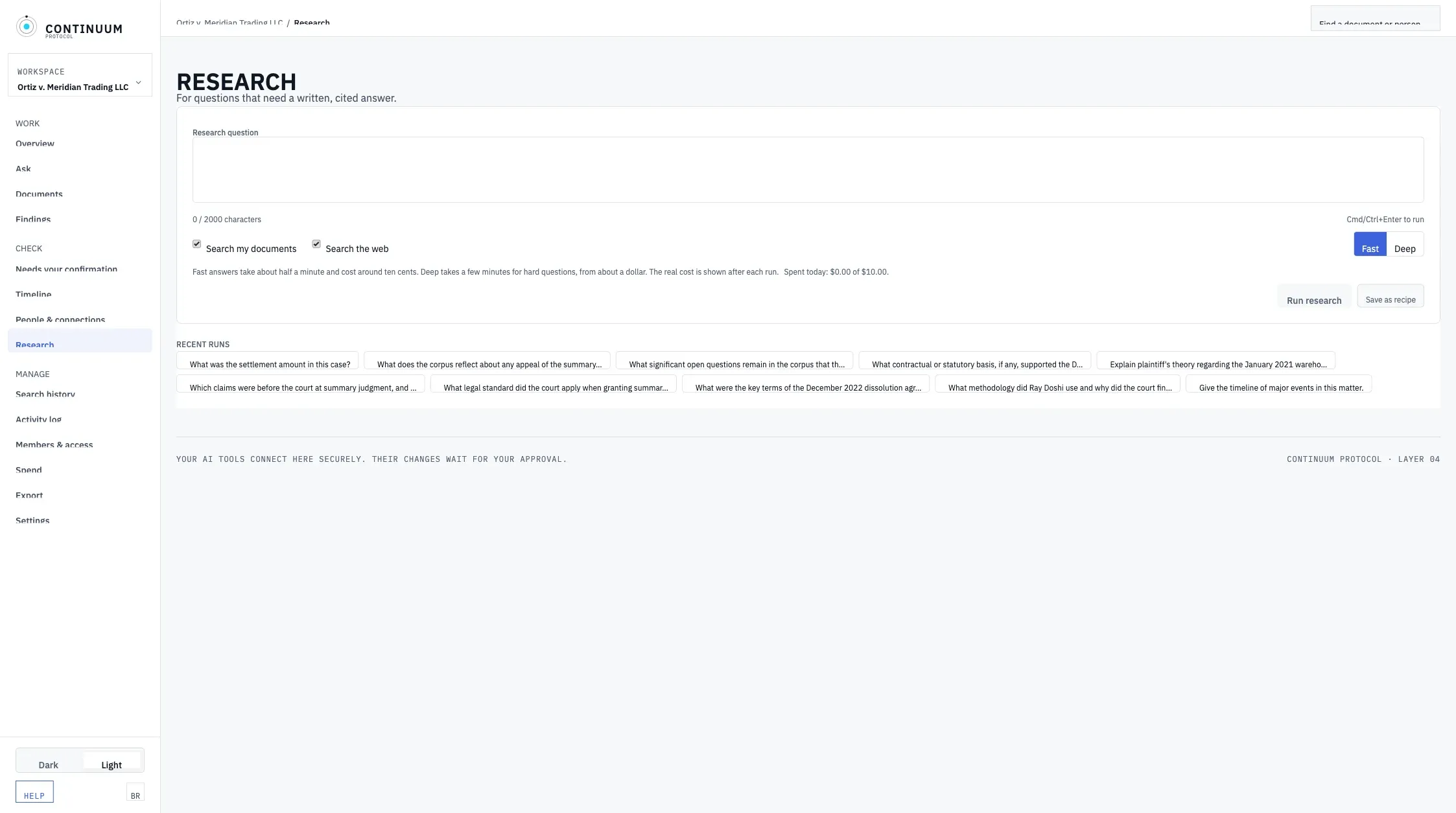 Continuum research screen with question, sources and depth