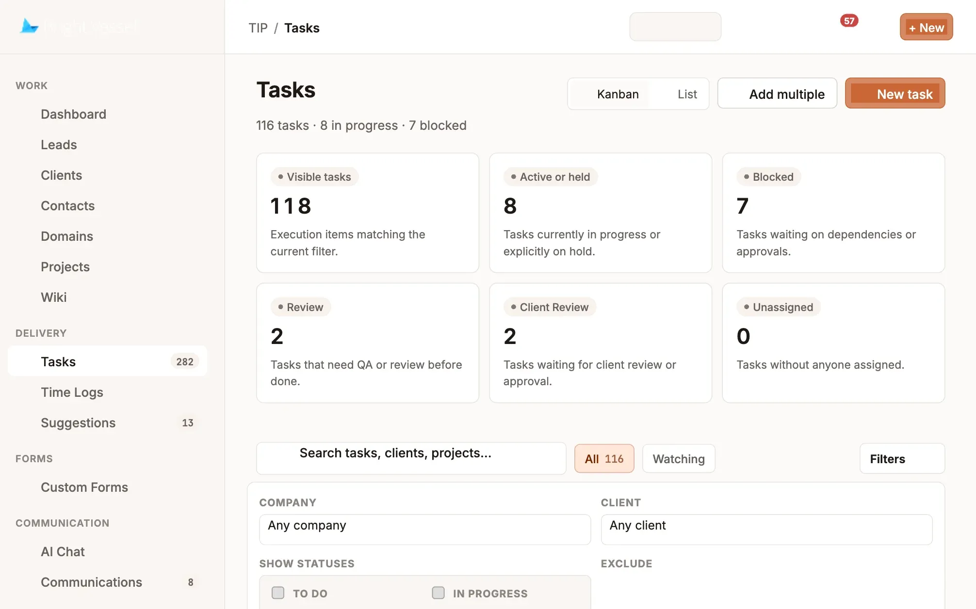 TIP tasks with status counts and filters